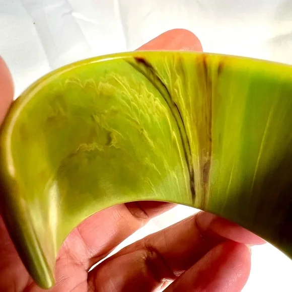 Vintage Yellowgreen Marbled Bakelite Cuff Bracelet “Yves Ste.Laurent like”